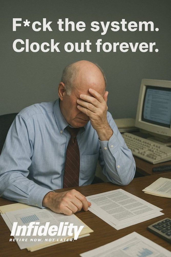 Poster: F*ck the system. Clock out forever. An older man with his head in his hand at a desk.