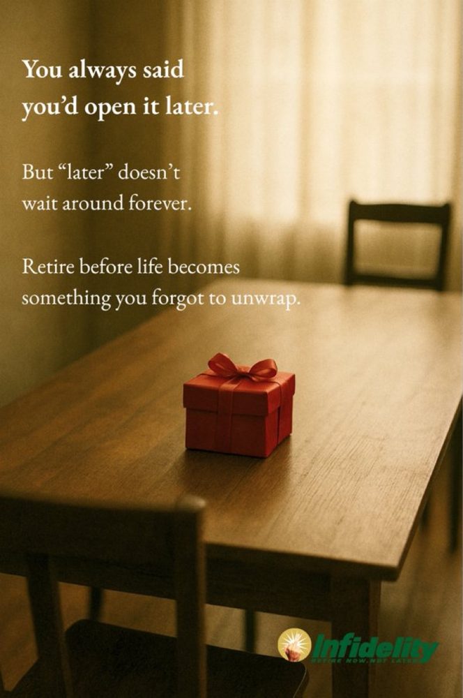 Poster: You always said you'd open it later. A red gift box on an empty table.