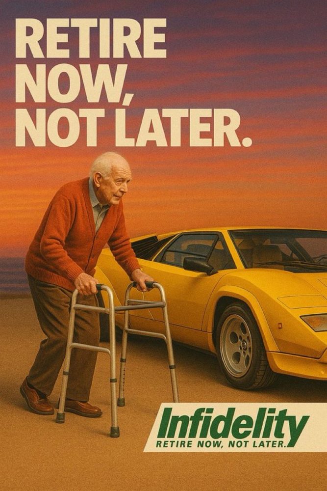 Poster: Retire now, not later. An elderly man with a walker beside a yellow Lamborghini at sunset.